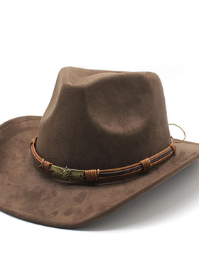 新款麂皮绒翘边西部牛仔帽男女士户外旅游帽子卷檐民族风礼帽