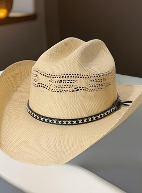 亚马逊镂空西部牛仔草帽cowboy hat硬质爵士顶遮阳帽工厂直批