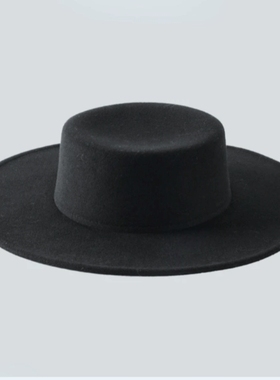 黑色平顶平沿复礼帽女冬百搭保暖法式英伦新款毛呢帽子毡帽