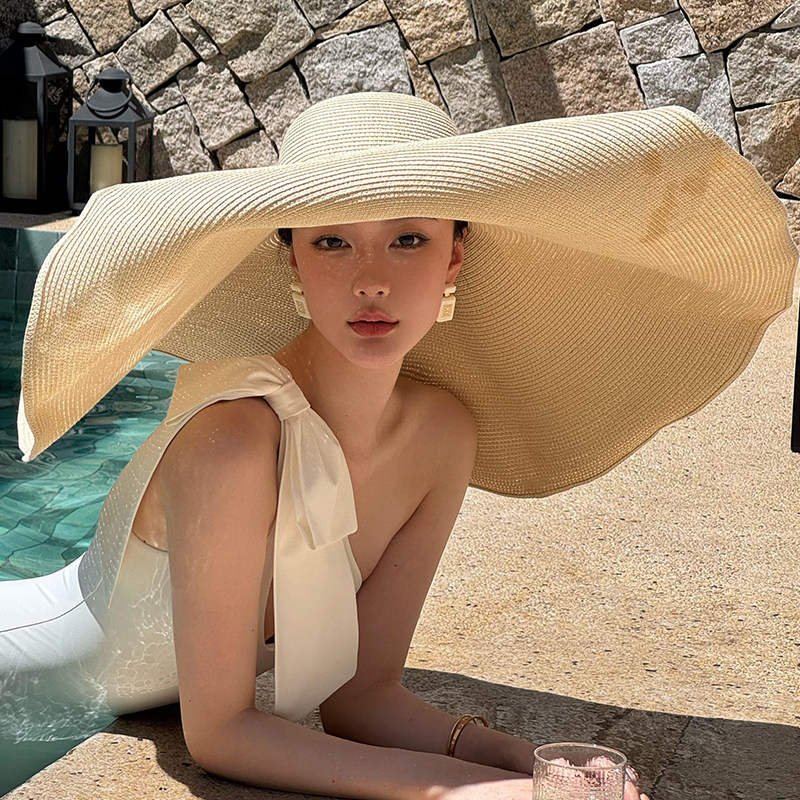 超大草帽女夏季草编帽防晒帽子海边度假沙滩帽大帽檐遮阳帽跨境