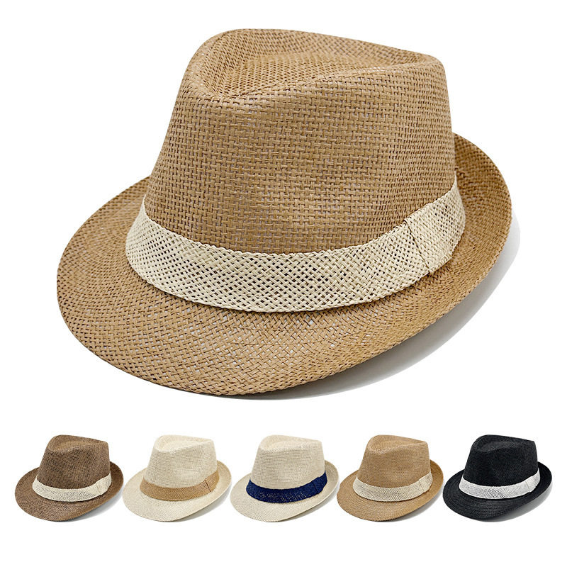 英伦爵士帽男2025春夏新款防晒遮阳草帽礼帽海边沙滩帽草编休闲帽