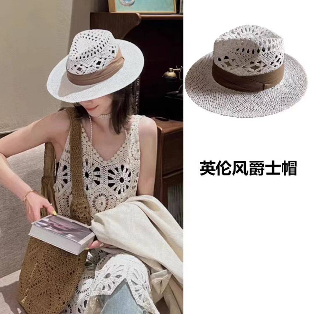 2026新款手工编织镂空巴拿马草帽女夏天英伦爵士礼帽白色帽子遮阳