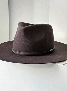 100羊毛爵士礼帽复古棕色皮带男女同款羊毛宽檐爵士帽保暖礼帽