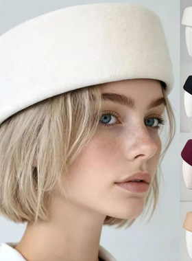 跨境新款羊毛贝雷帽秋冬季新款药盒帽100%纯羊毛法式毛毡平顶帽女