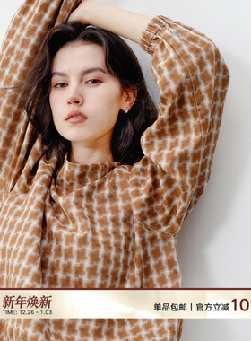 NextWeekend「窗格」通勤100%天丝千鸟格立领印花宽松小衫