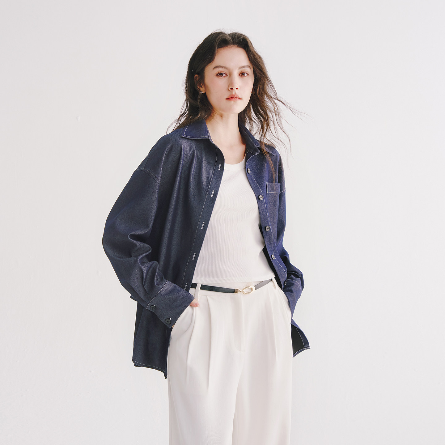 Next Weekend「蓝调」 原色仿牛仔宽松衬衫外套套装上衣