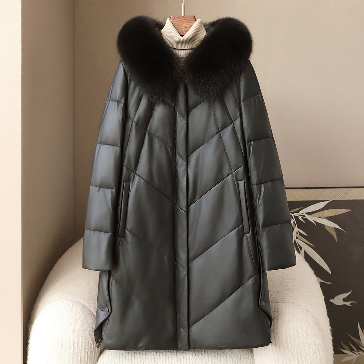 憨厚2025冬新款真皮鹅绒羽绒羽绒服