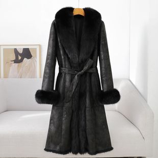 憨厚2025海宁冬季新品过膝长款兔皮毛一体狐狸毛领女式真皮草外套