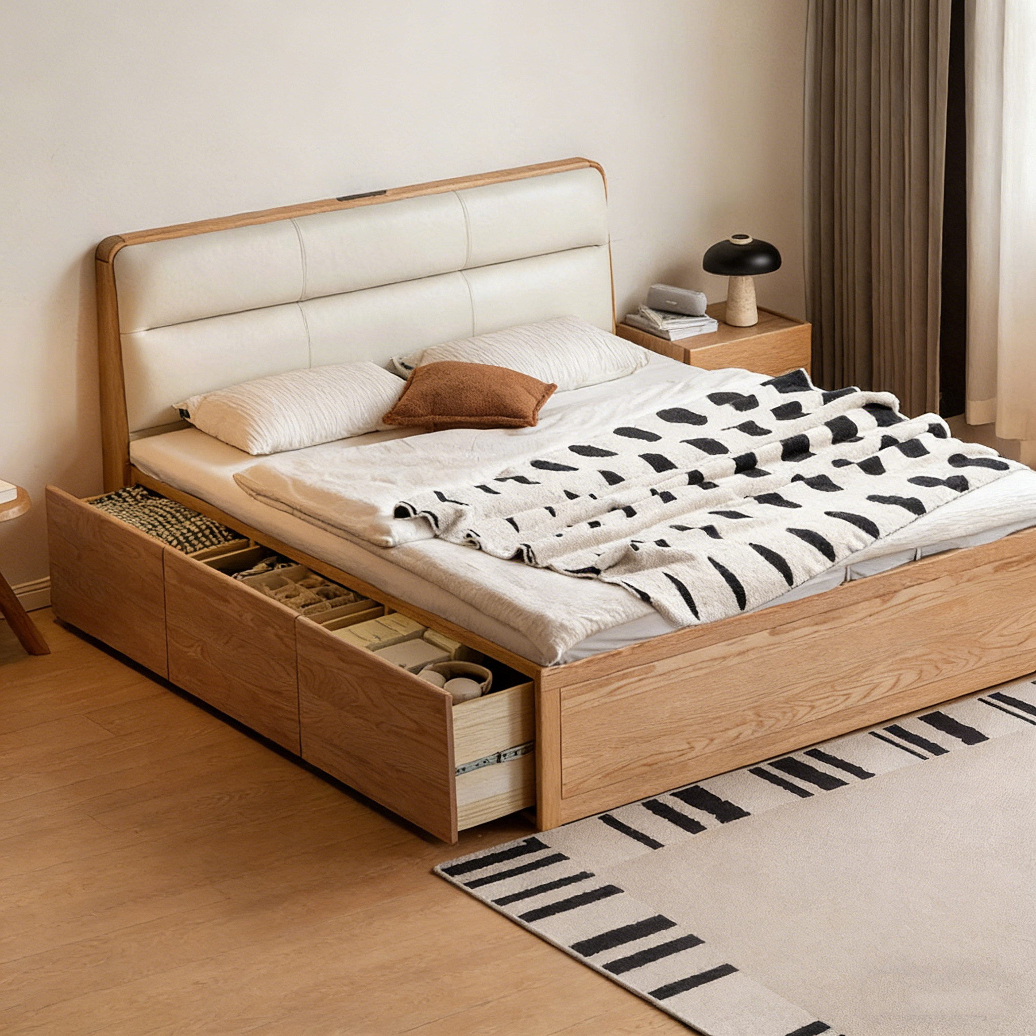 司朴实木箱体床现代简约卧室家用抽拉式储物床1米5充电置物真皮床,住宅家具,实木床,淘宝优惠券,粉丝福利购,淘宝优惠卷