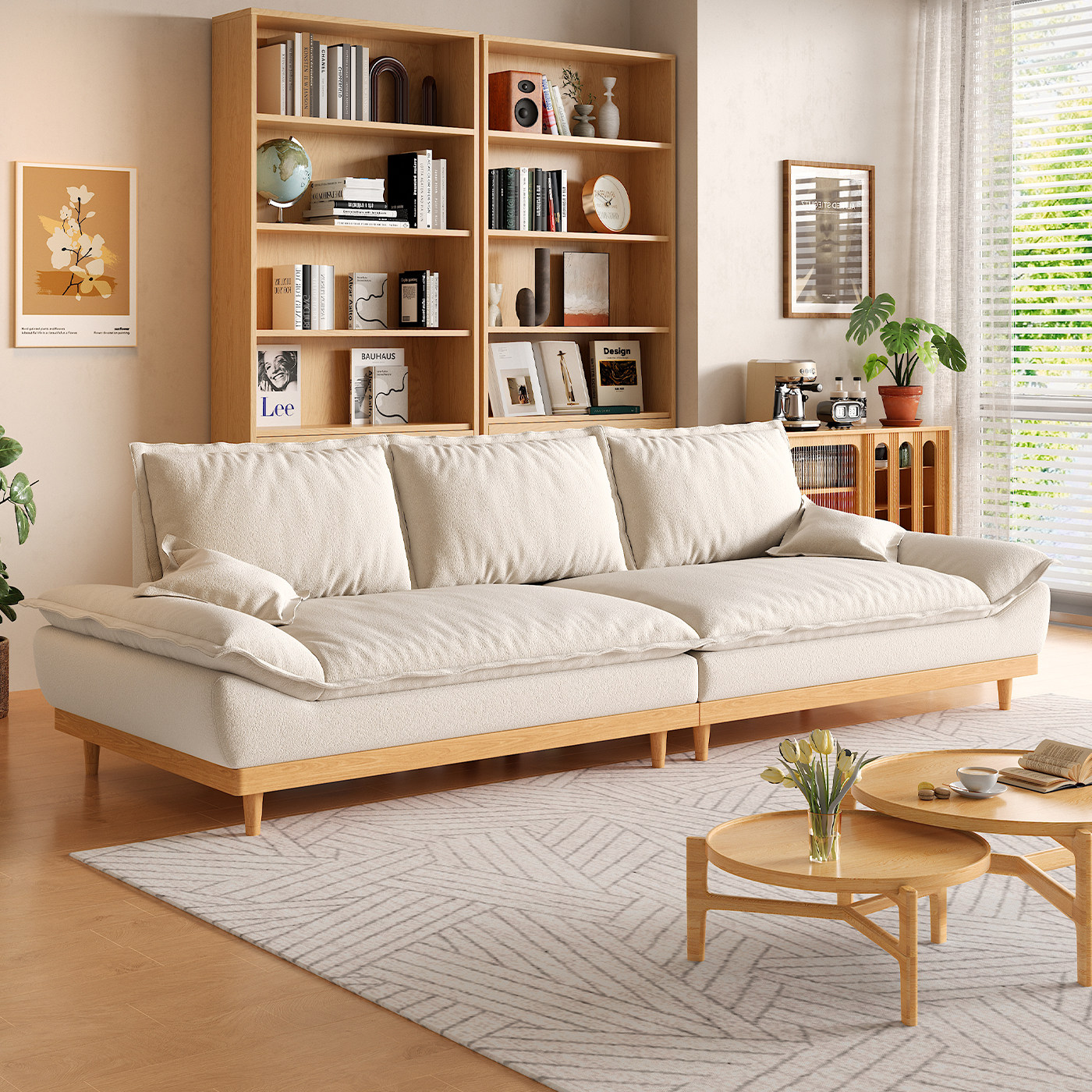 司朴奶油风可拆洗帆船布艺沙发小户型客厅原木风直排猫抓布沙发