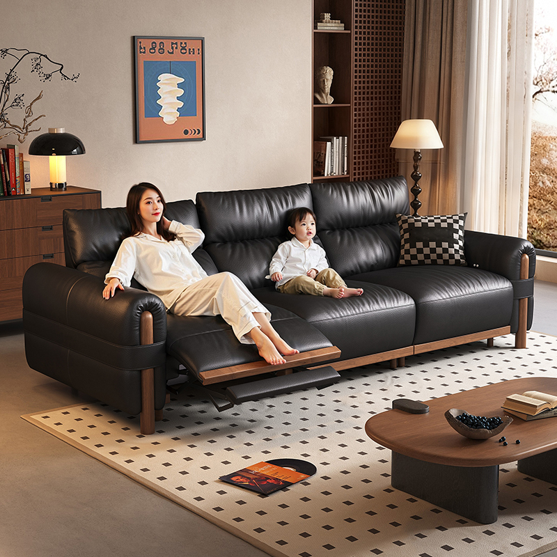 司朴中古风黑胡桃木电动真皮沙发