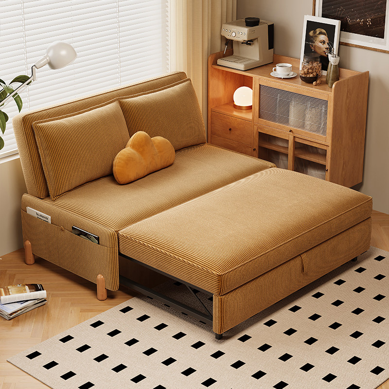 司朴复古风小户型客厅沙发床可推拉伸缩两用灯芯绒布书房单人沙发