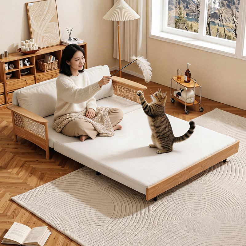 司朴中古风藤格折叠沙发床一体两用实木伸缩多功能简约双人小沙发