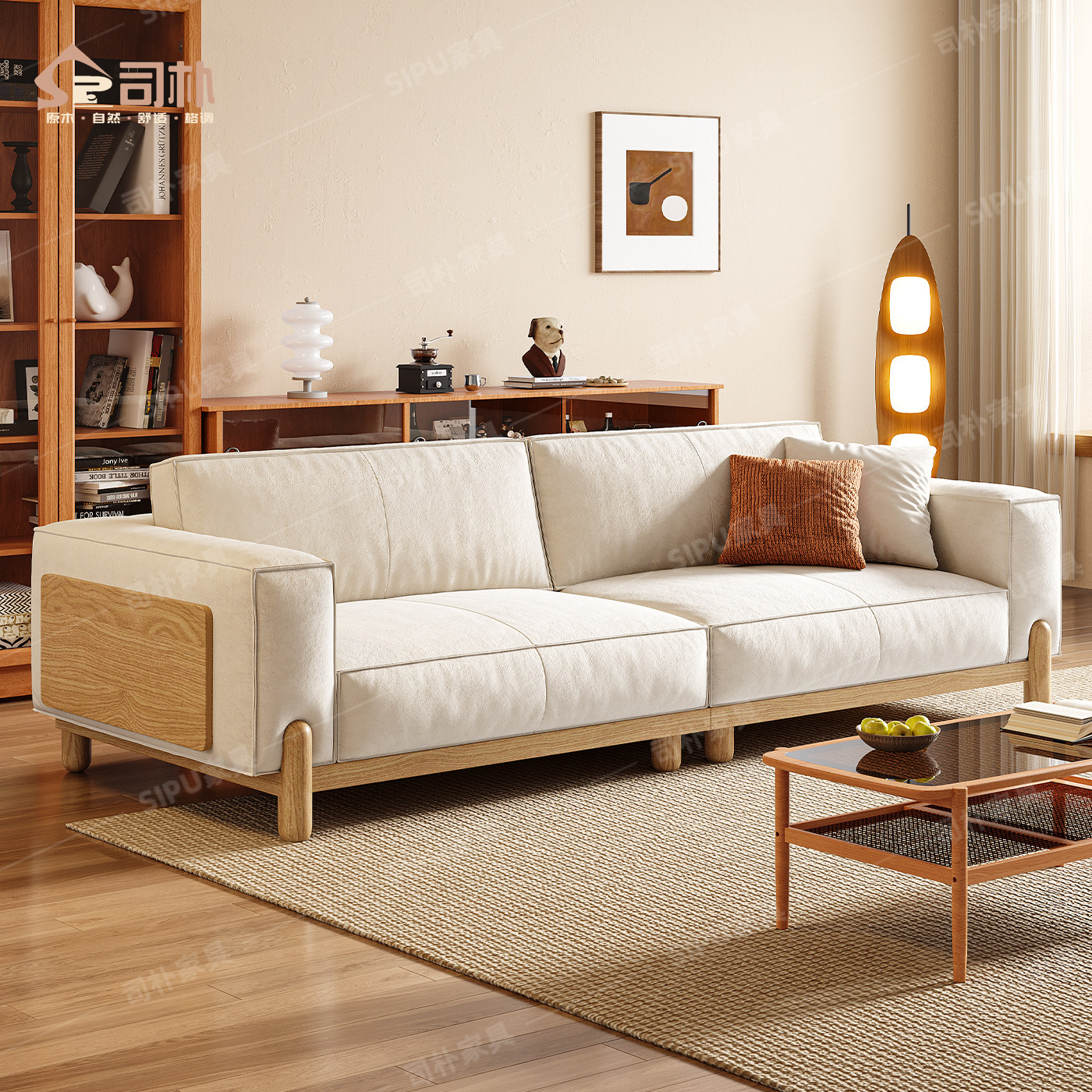 司朴原木奶油风布艺沙发实木直排现代简约雪尼尔新款豆腐块沙发