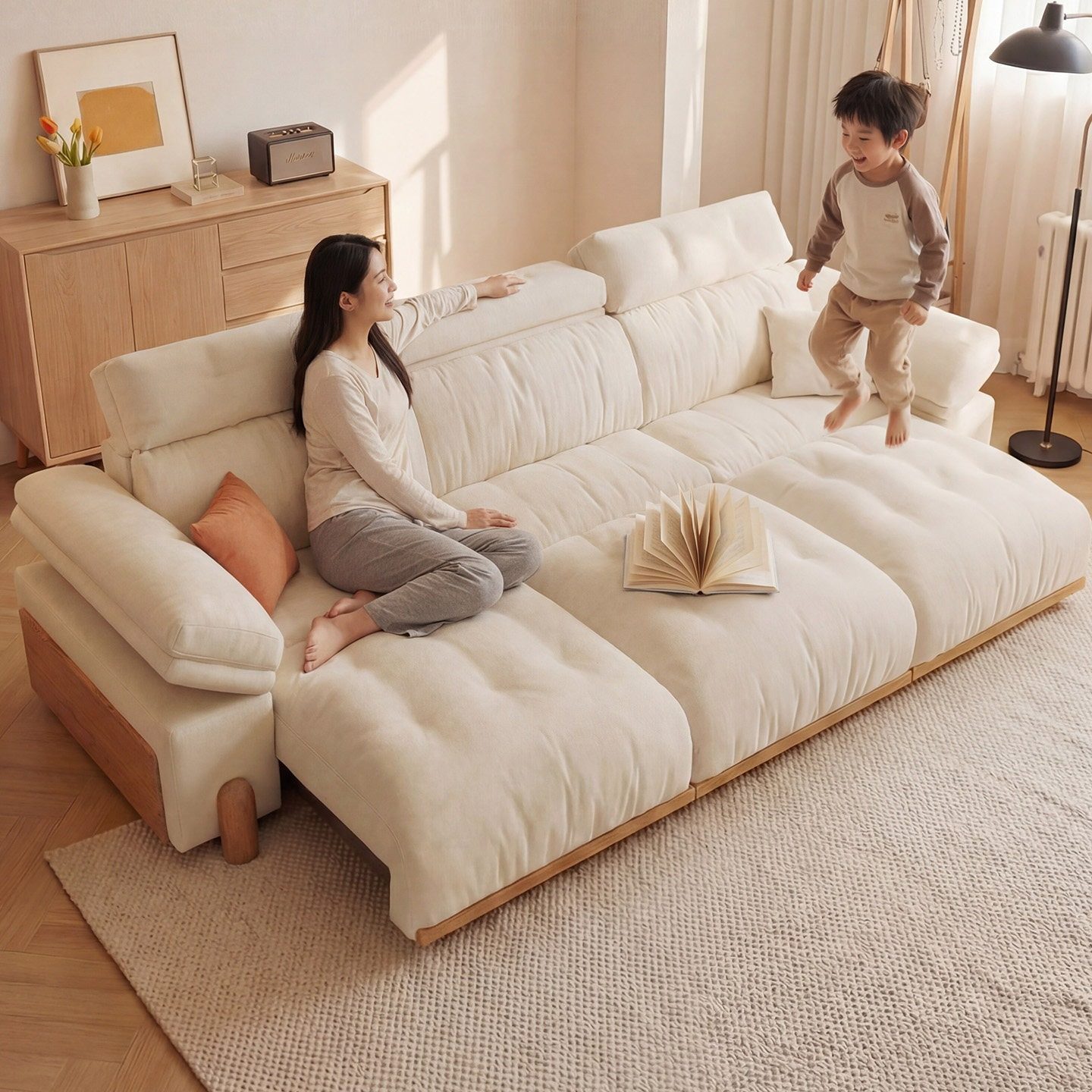 司朴原木奶油风电动多功能沙发床猫抓布客厅可伸缩实木布艺沙发,住宅家具,功能沙发,淘宝优惠券,粉丝福利购,淘宝优惠卷