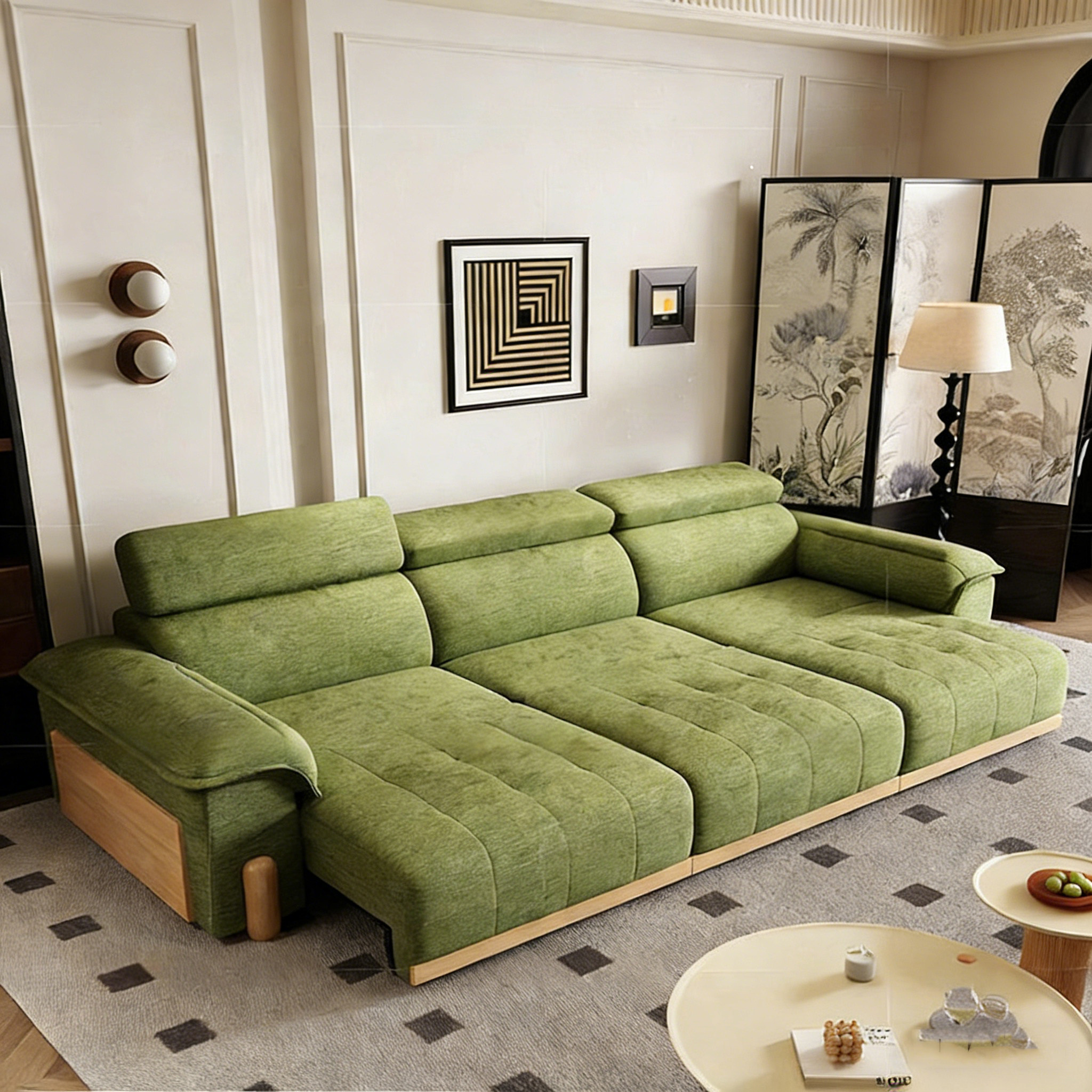 司朴政府补贴中古风原木电动功能沙发床小户型实木伸缩布艺沙发