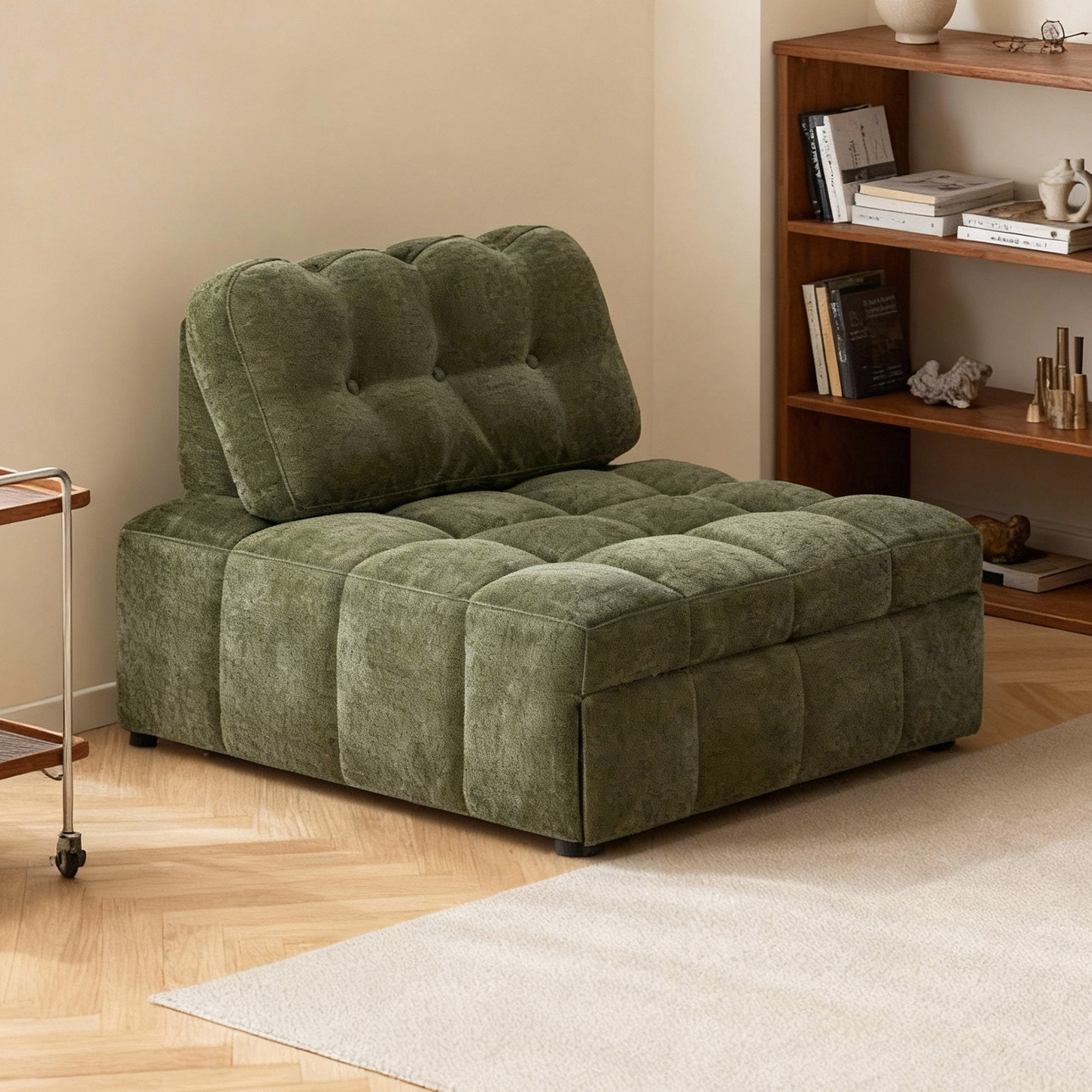 司朴绿色雪尼尔泡芙沙发床小户型可调节靠背伸缩一体新款单人沙发