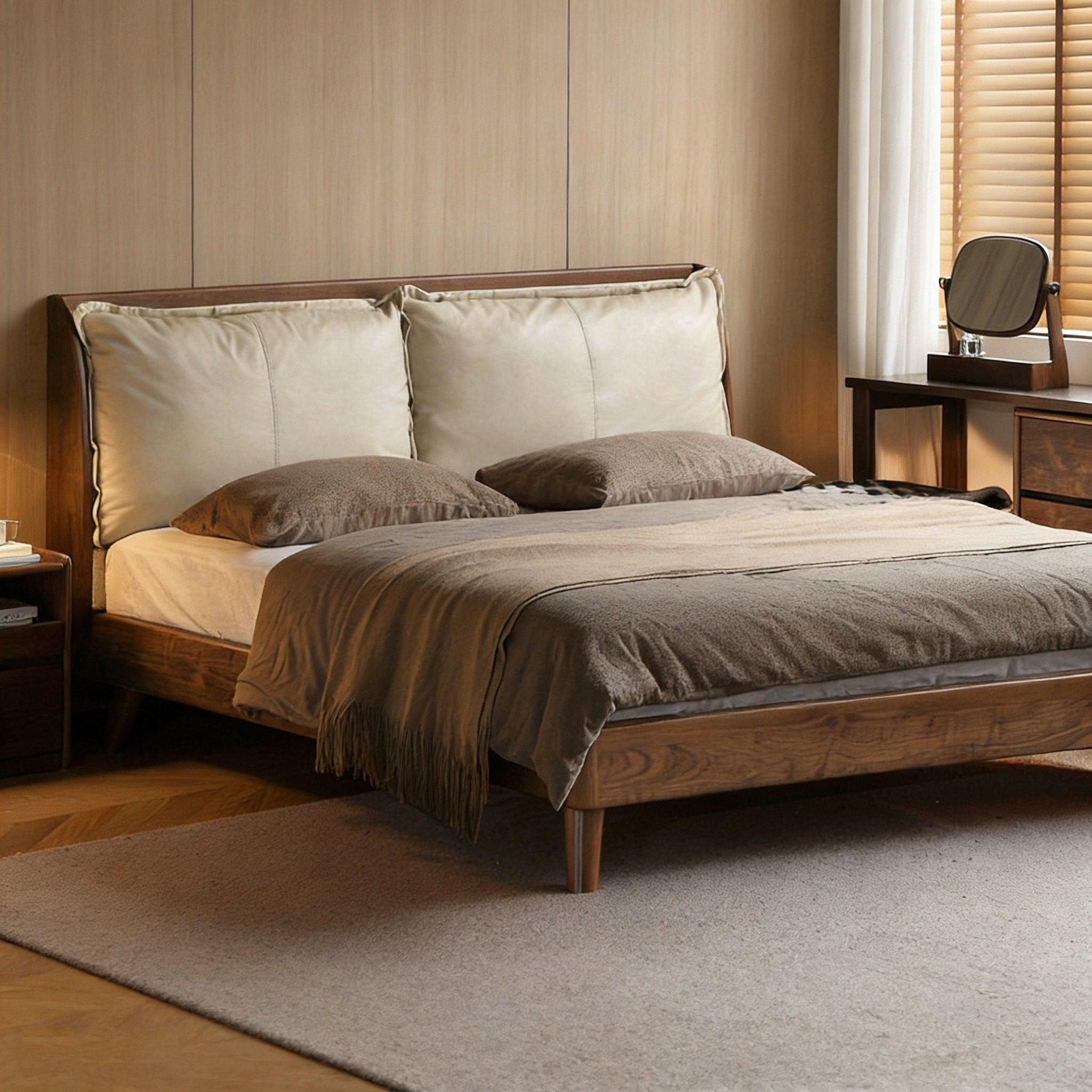 司朴黑胡桃木软包真皮床现代简约主卧1米8实木双人床轻奢卧室床