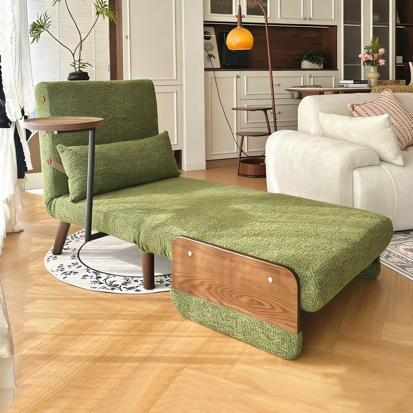 司朴中古风安东尼单人休闲椅客厅折叠两用一体沙发床绿色布艺沙发