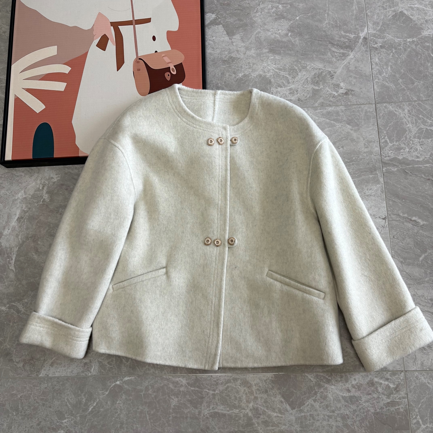 圆领卷边袖口双面短外套羊毛大衣