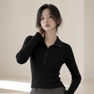 芙澜绘秋冬Polo领针织羊毛衫女人字纹修身长袖翻领气质内搭上衣薄