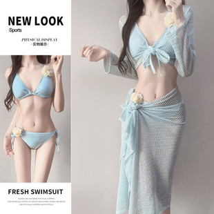 巴厘岛度假温泉游泳衣女分体比基尼bikini四件套长袖长裙百搭泳装