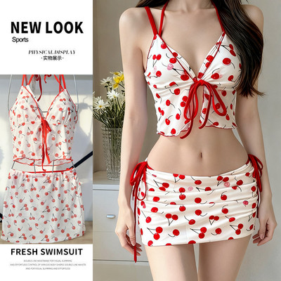小樱桃可爱少女性感四件套薄纱外衫裙款比基尼Bikini游泳衣女泳装