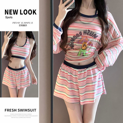 游泳衣女分体长袖罩衫三件套运动保守显瘦甜美度假新款温泉泳装