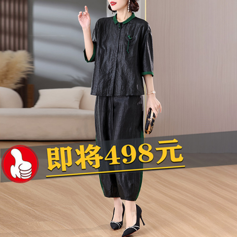 香云纱套装女时尚气质大码妈妈夏装宽松舒适灯笼裤桑蚕丝两件套