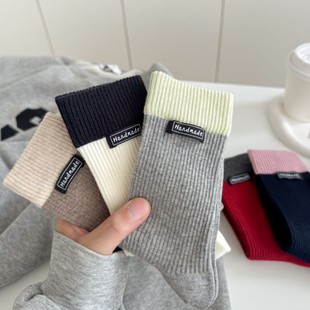 5双包邮秋冬韩系拼色女袜中筒袜布标袜子女日系ins潮休闲简约棉袜