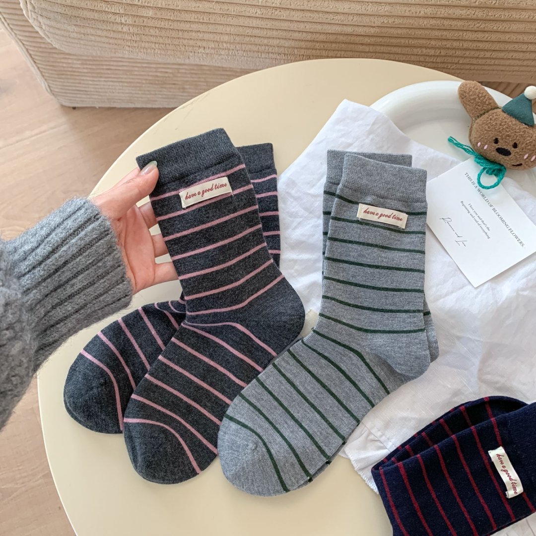 5双包邮羊毛袜子女秋冬款韩系布标加宽袜口缝标条纹中筒袜堆堆袜