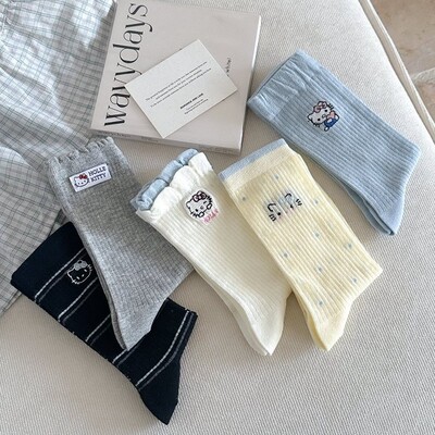 5双包邮袜子女甜美可爱少女刺绣Kitty堆堆袜春夏花边双罗口韩系