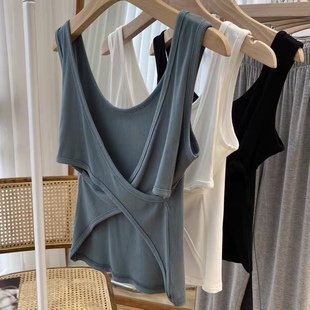 U领后交叉纯棉弹力螺纹吊带背心女修身 外穿 露背打底内搭上衣夏季