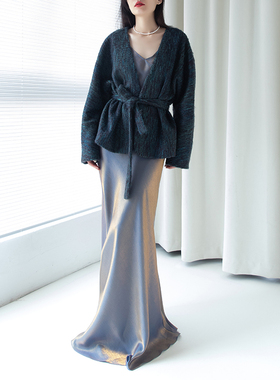 吉然设计新款马海毛外套秋冬新款设计感上衣灰蓝色高级感宽松女装