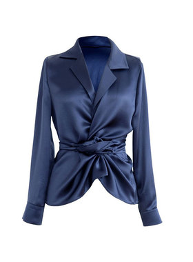 定制高端设计感蓝色衬衣女春夏系带三醋酸长袖衬衫时尚洋气