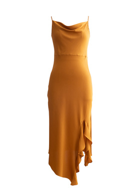 定制不规则设计感小众外穿真丝黄色吊带裙荡领修身开叉性感连衣裙