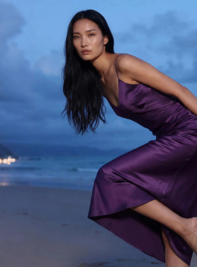 JIRANDESIGN度假吊带裙真丝连衣裙女斜裁大摆A字桑蚕丝气质长裙