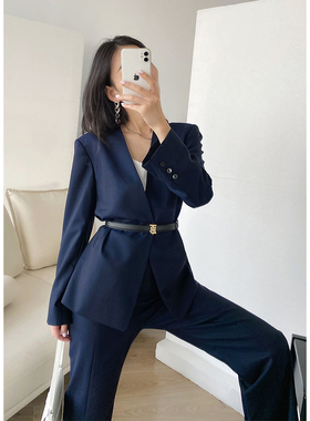 定制小个子短款西装外套女秋季蓝色一粒扣宽松休闲英伦风西服上衣