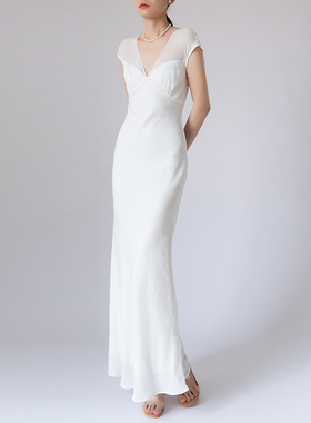 JIRANDESIGN 法式高端白色复古真丝金丝绒鱼尾长袖连衣裙秋冬长款