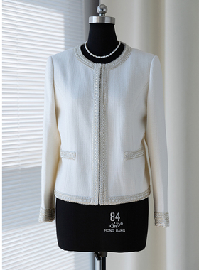 JIRANDESIGN早秋简约钻辉白色羊毛小香风外套 手工钉珠 短外套