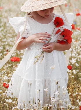 4Z 大熊家 乌克兰DL童装舒适纯棉夏装纯白色飞袖连衣裙小清新