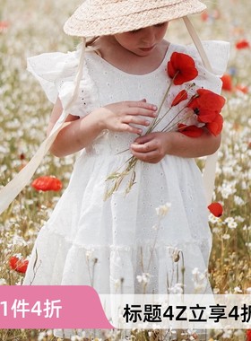 4Z 大熊家 乌克兰DL童装舒适纯棉夏装纯白色飞袖连衣裙小清新