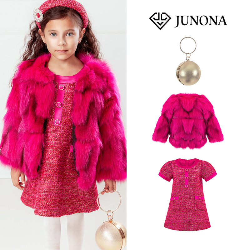 大熊家Junona姐妹装亲子装礼服裙女童女狐狸毛外套连衣裙精致包包