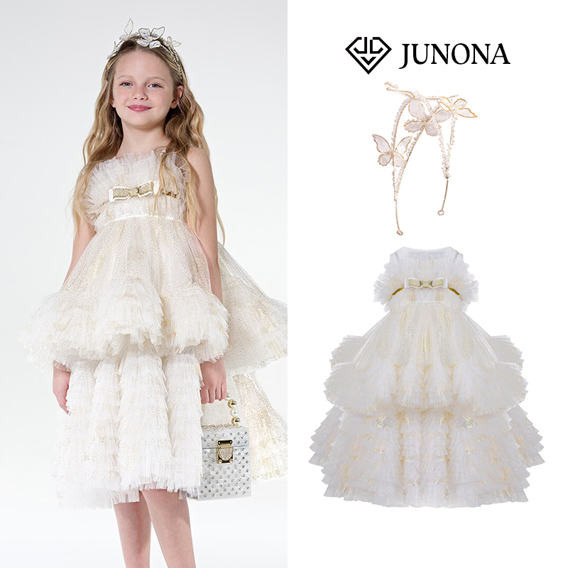 大熊家 Junona亲子装礼服裙女童女宝周岁白色轻奢薄纱蛋糕连衣裙