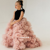 现货大熊家正品 PURE俄罗斯设计师手工女童长款 粉色玫瑰花拖尾礼服