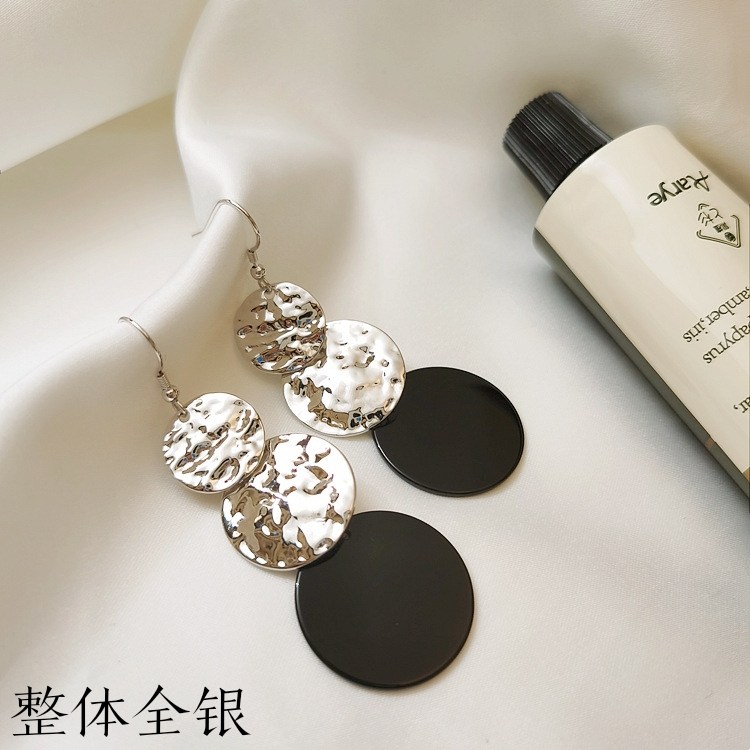 通勤OL时尚大耳环女通体S925纯银长款耳坠圆形亮片气质黑玛瑙耳饰