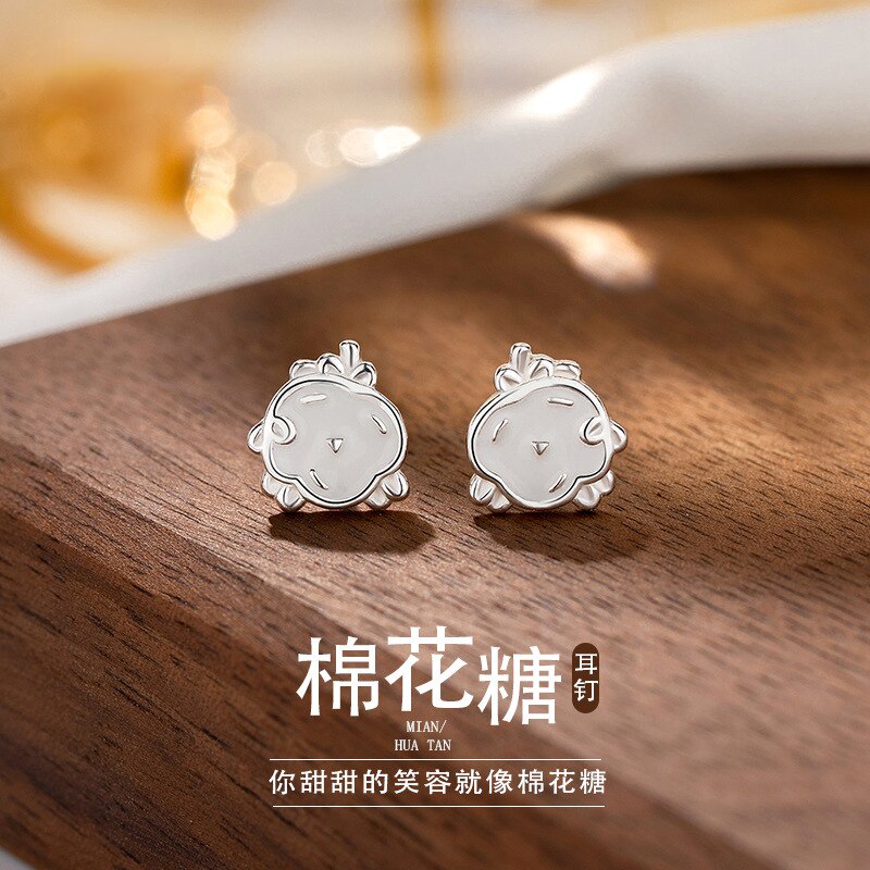 简约新款防过敏棉花糖耳钉女ins小众设计通体足银999纯银耳环气质