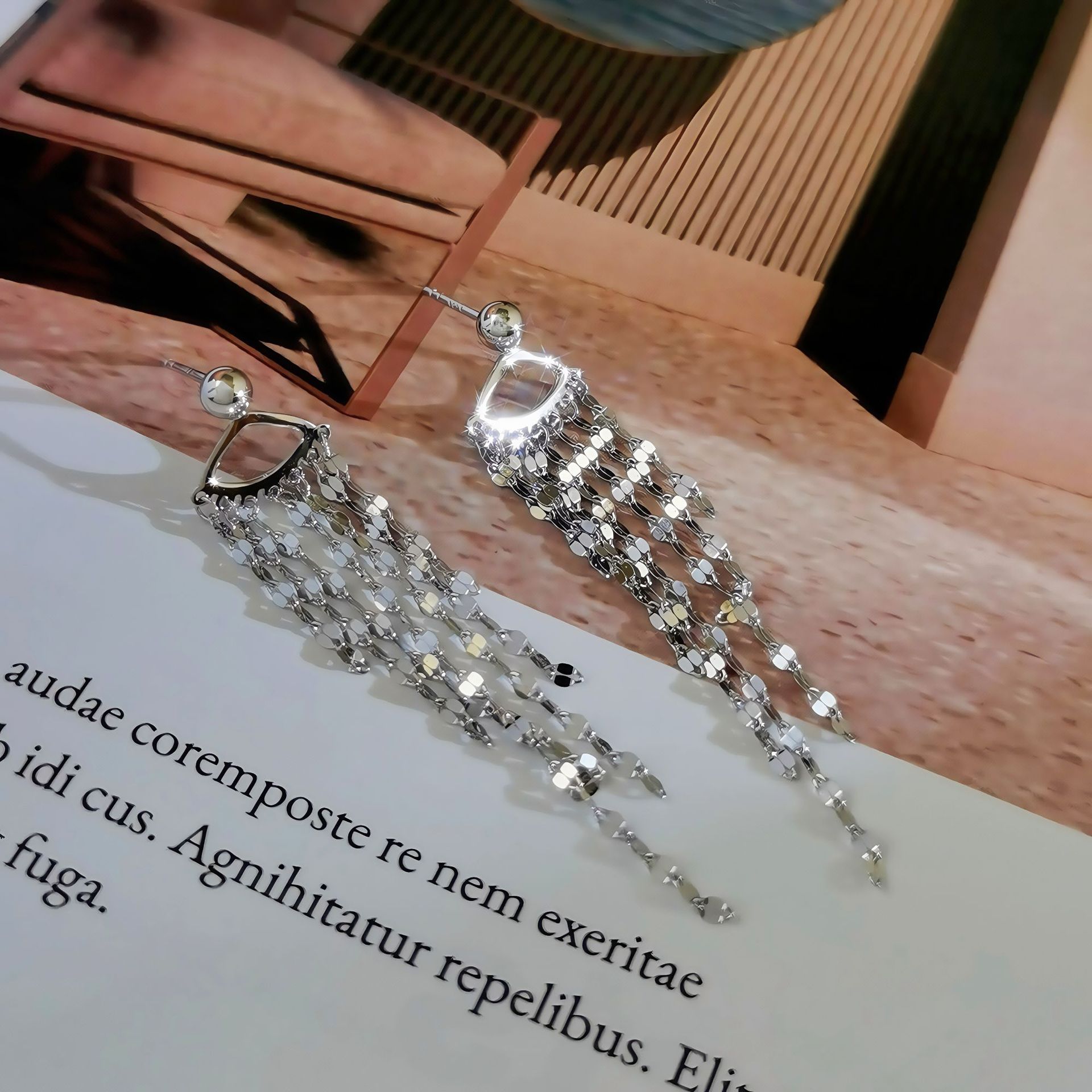 通体s925纯银耳钉超闪流苏耳环小众个性链条流苏扇形耳坠宴会耳饰