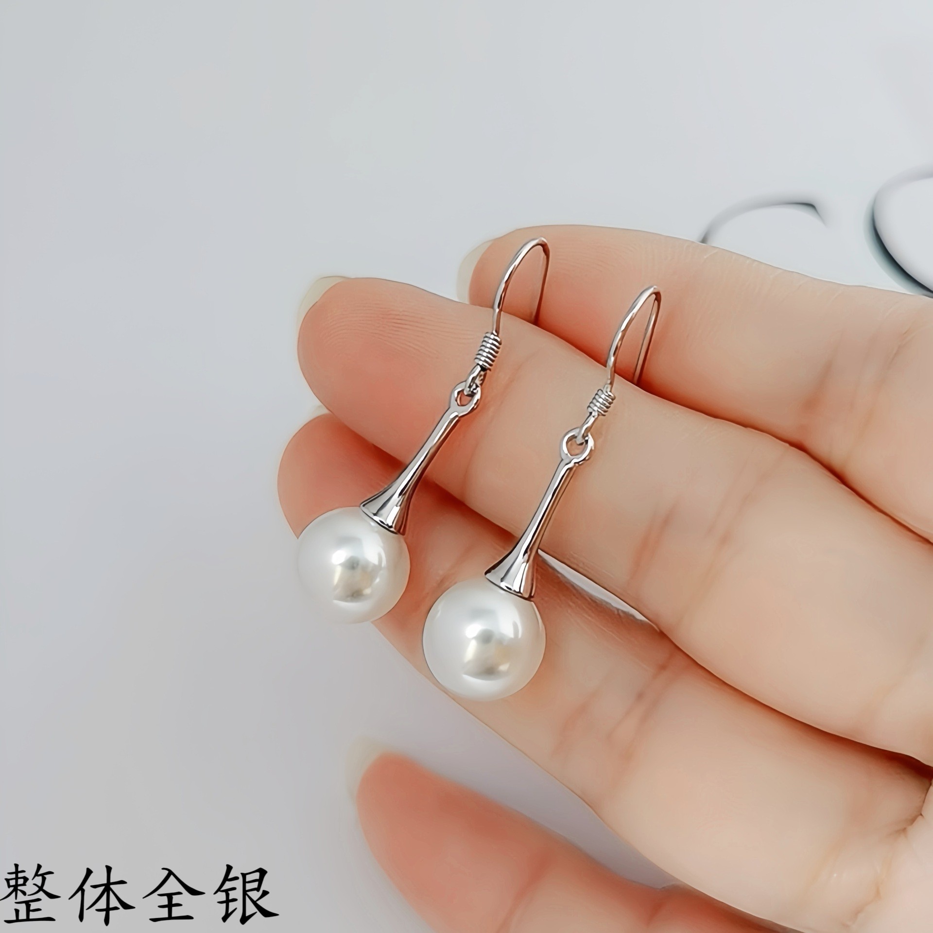 极简通体S925纯银施家仿珍珠耳环短款耳坠百搭防过敏耳饰优雅耳钩