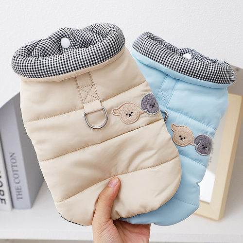 小型犬比熊秋冬狗狗外出防风保暖两脚按扣休闲棉马甲带牵引扣衣服